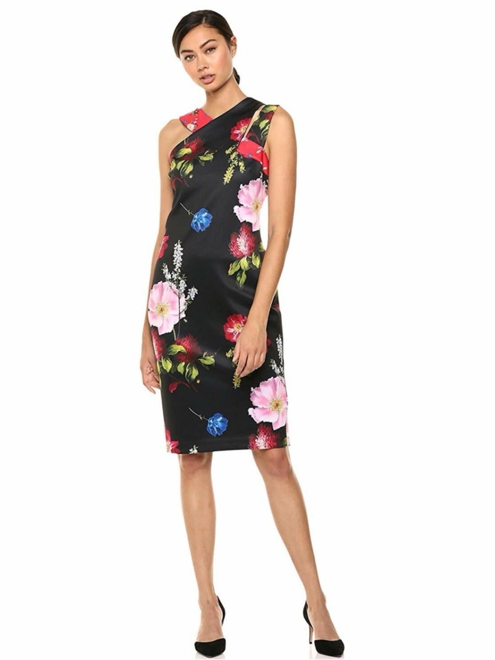 Ted Baker Polayo Asymmetric black Floral dress in berry sundae size 2